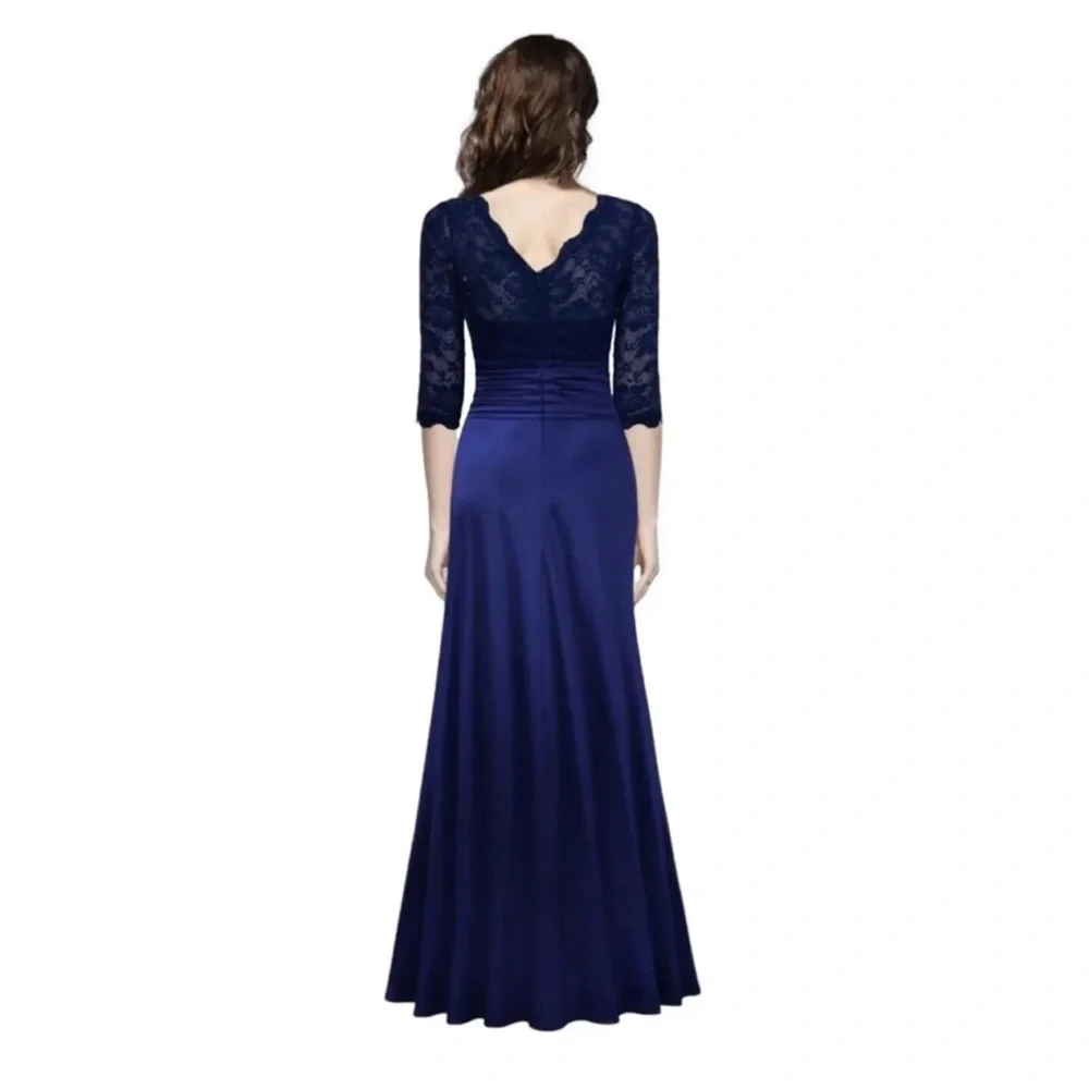 NWT Miusol Womens Lace Bodice Satin Ruched Mermaid Evening Dress Navy Blue Large - Picture 2 of 12